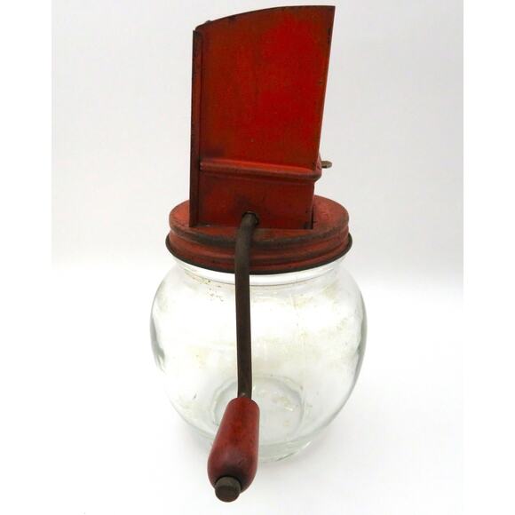 Vintage Androck Nut Meat Chopper with Glass Jar Red Metal Top Farmhouse Kitchen - Picture 3 of 15